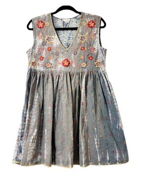 Natural Life Embroidered Cotton Blue Floral Tunic Mini Dress Sleeveless Medium